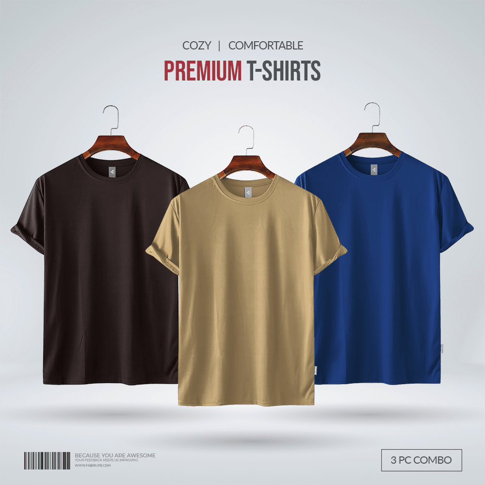 Fabrilife Men's Premium 100% Cotton Blank T-Shirt Combo- Chocolate, Tan, Royal Blue